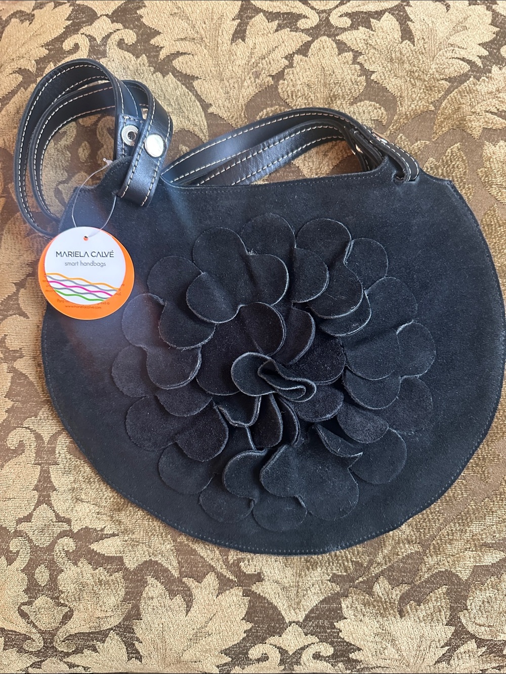 Mariela Calve Black Suede Flower Shoulder Bag NWT…Smart Handbags